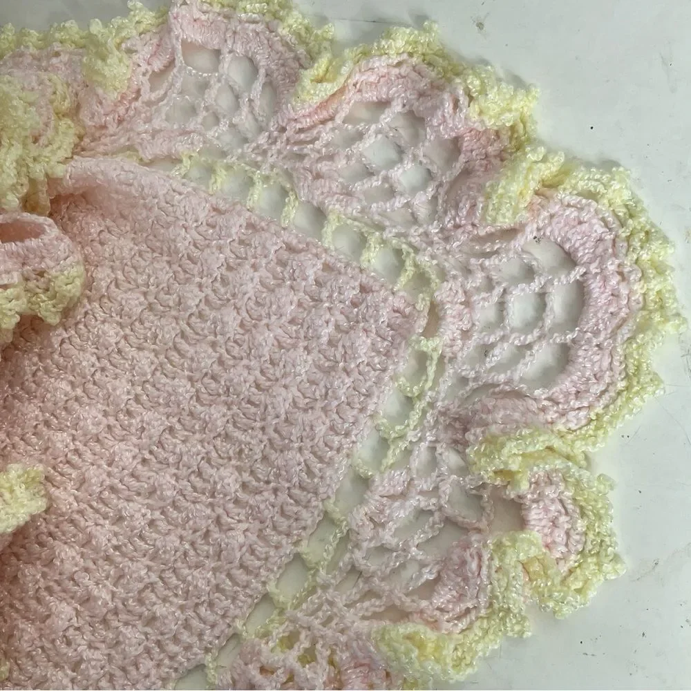 HANDMADE Baby Pink Blanket Yellow Trim Lacy Edge 46 x 54